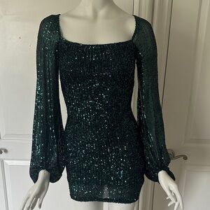 Dark Green Sequin Square-Neck Mini Dress